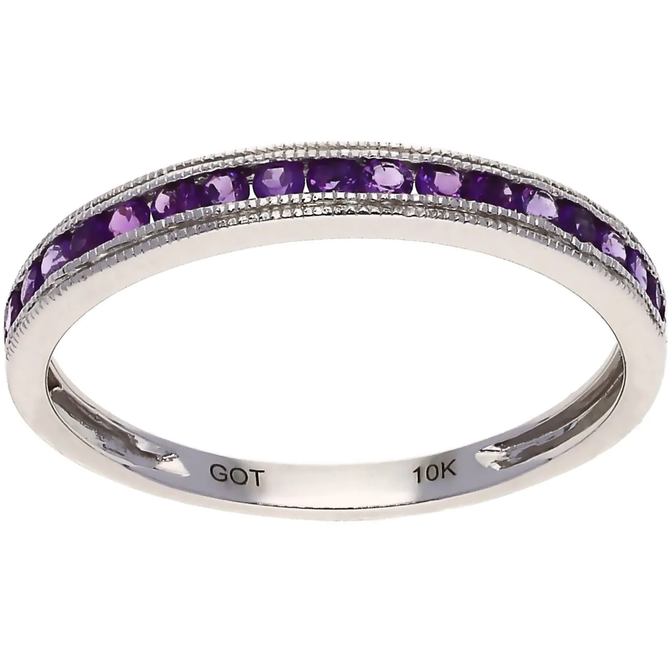 10K White Gold Round Amethyst Stackable Band Ring