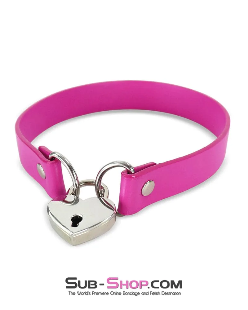 1516DL      Heart Beat Pink Leatherette Padlock Slave Charm Collar