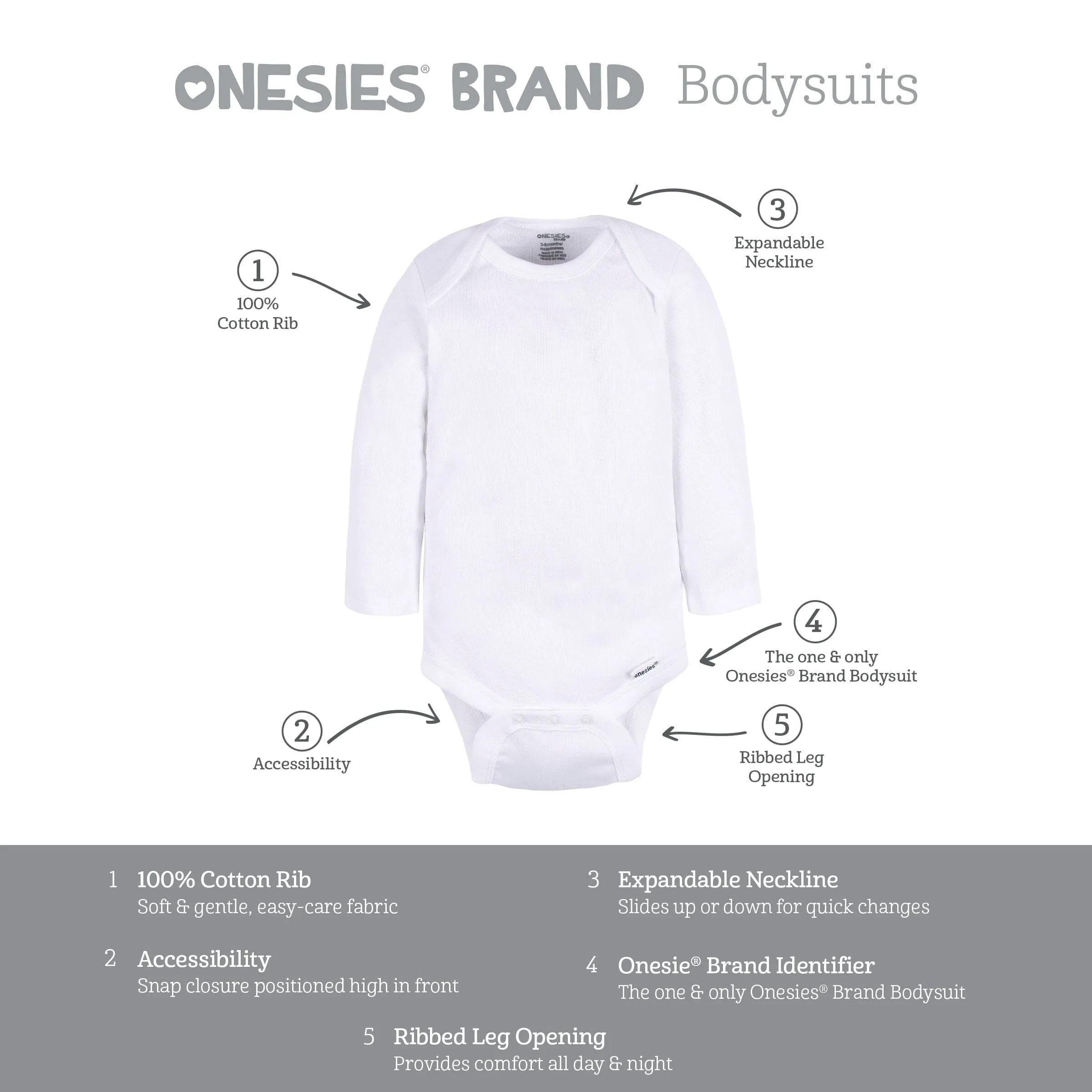 2-Pack Baby Neutral White Long Sleeve Onesies® Bodysuits