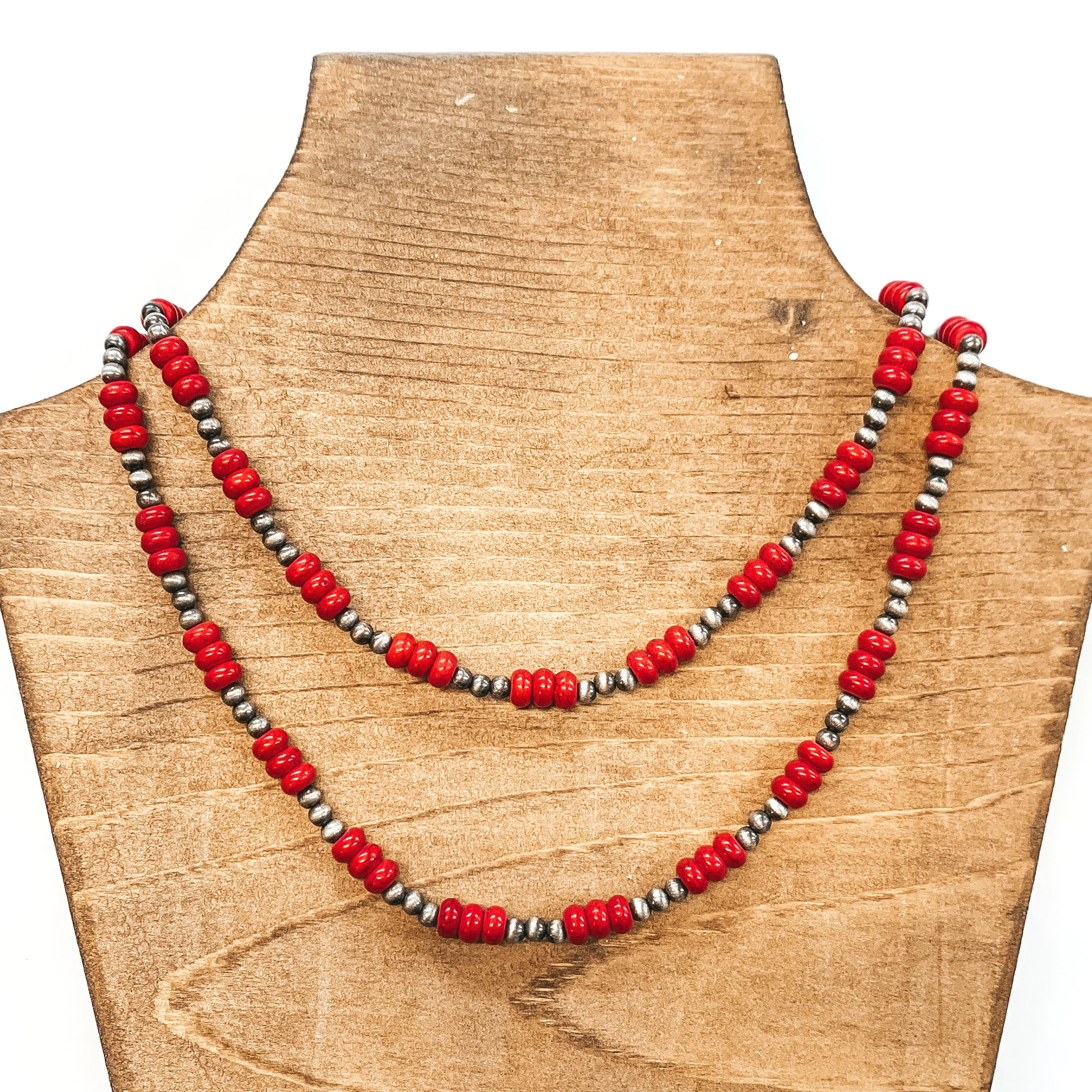 2 Strand Faux Navajo Pearl Necklace in Silver Tone with Red Beads