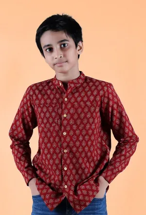 Aaron Madder Red Ajrakh Print Cotton Super Short Kurta