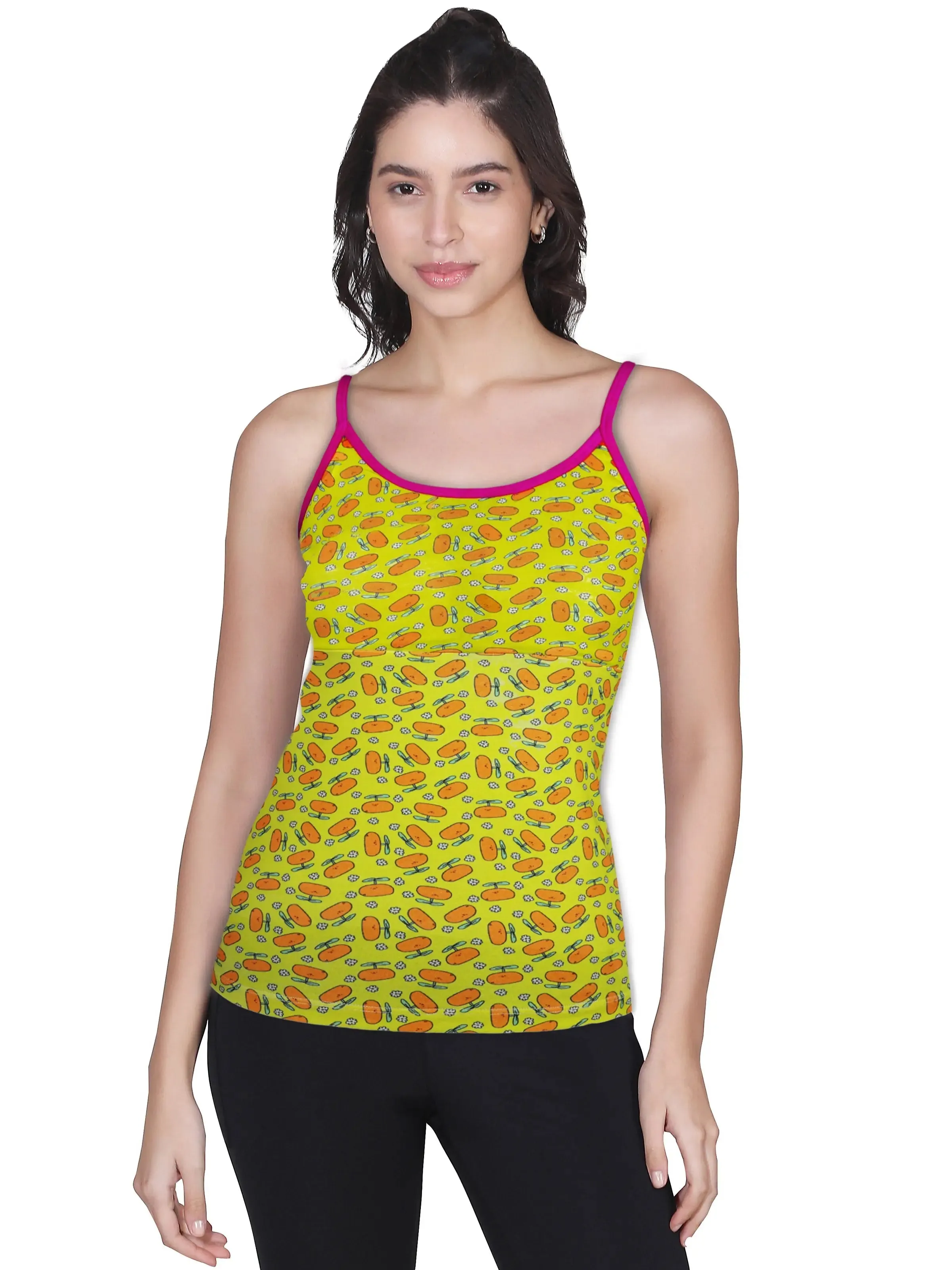 Adjustable Strap Yellow Printed High Coverage Cotton Padded Camisole Bra Pack-of-1