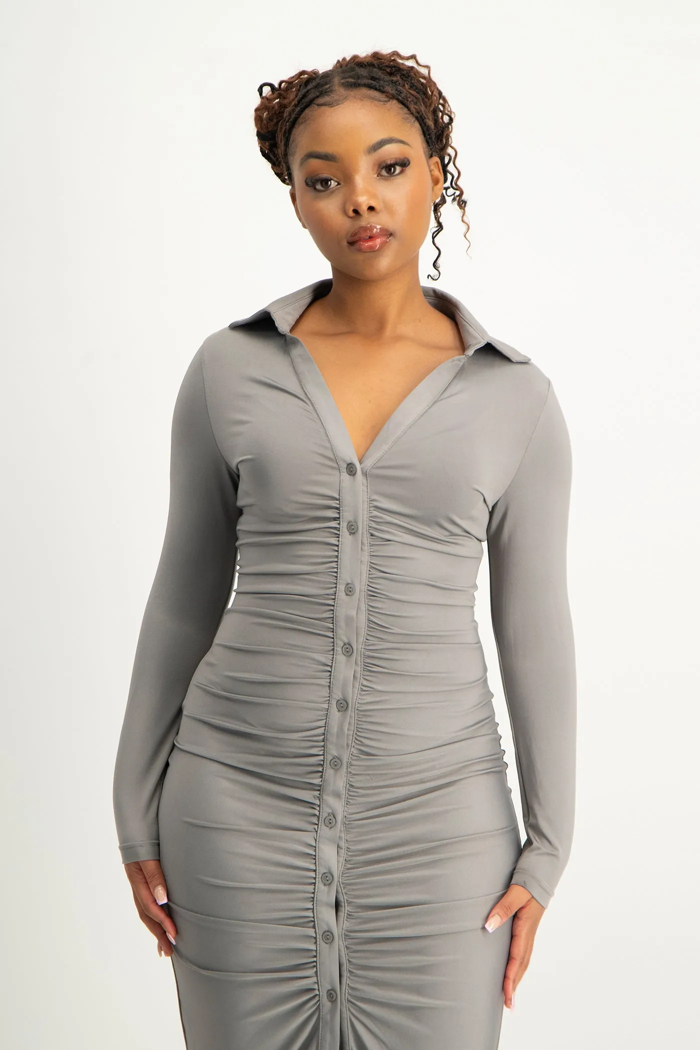 Alice Long Sleeve Ruched Dress - Grey