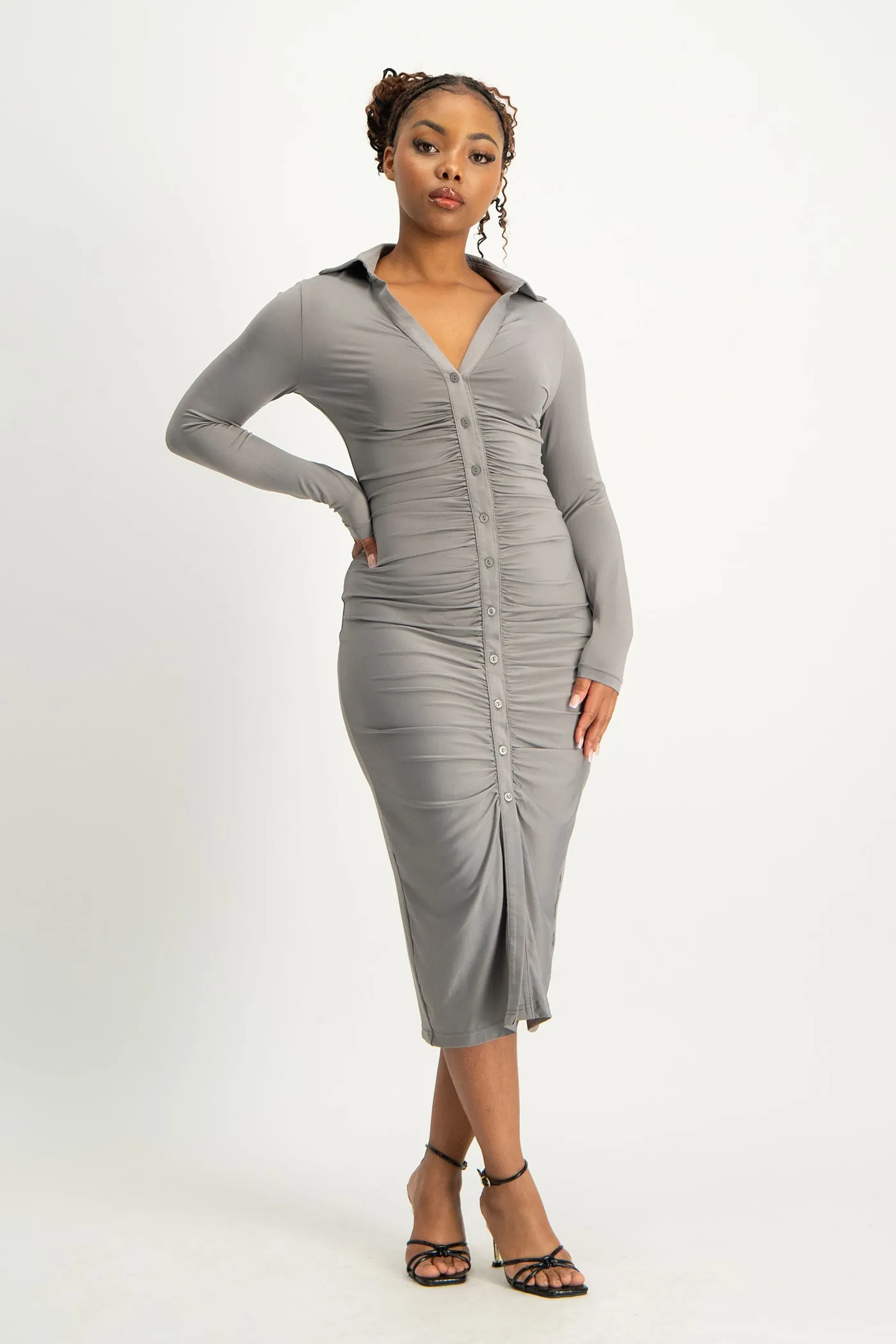 Alice Long Sleeve Ruched Dress - Grey