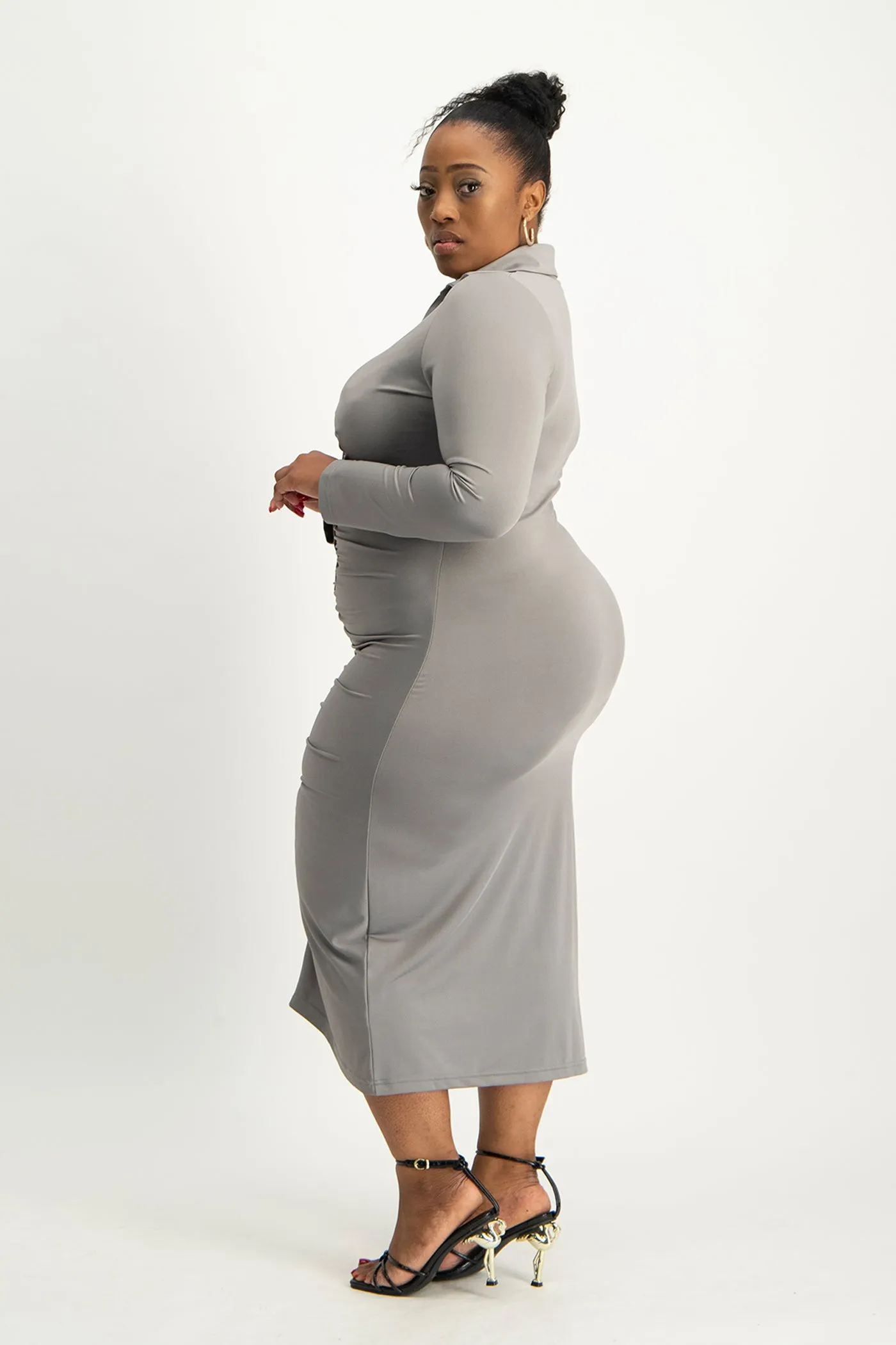 Alice Long Sleeve Ruched Dress - Grey