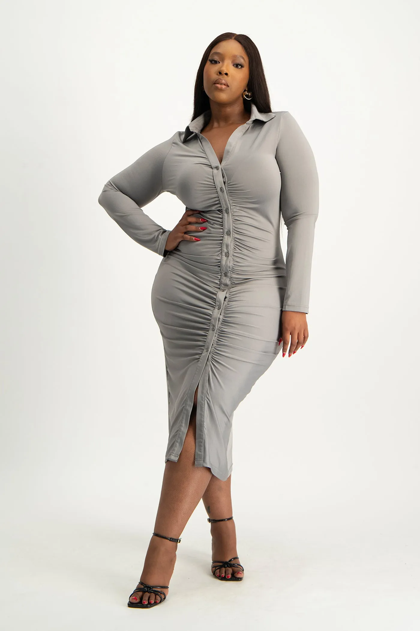 Alice Long Sleeve Ruched Dress - Grey