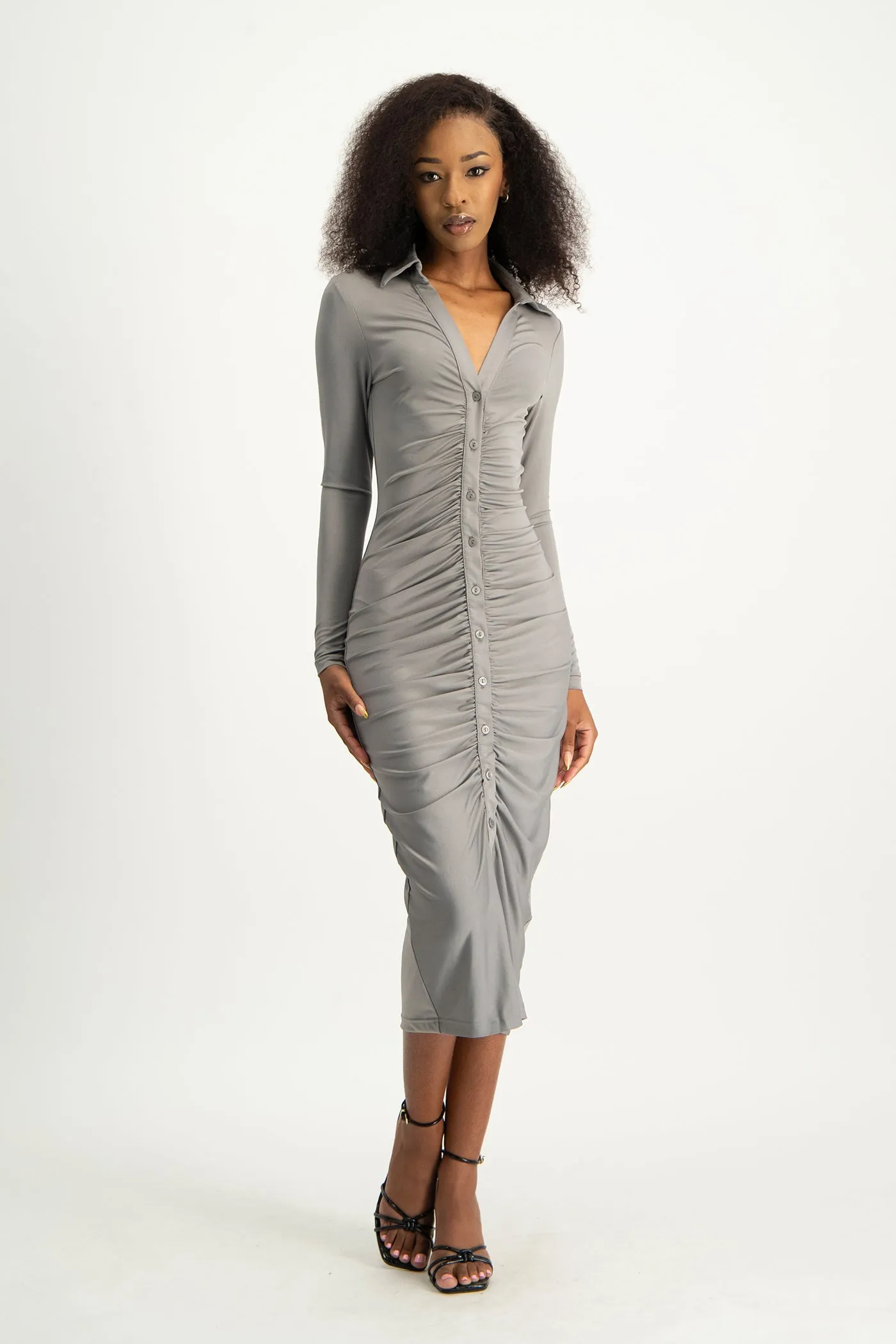 Alice Long Sleeve Ruched Dress - Grey