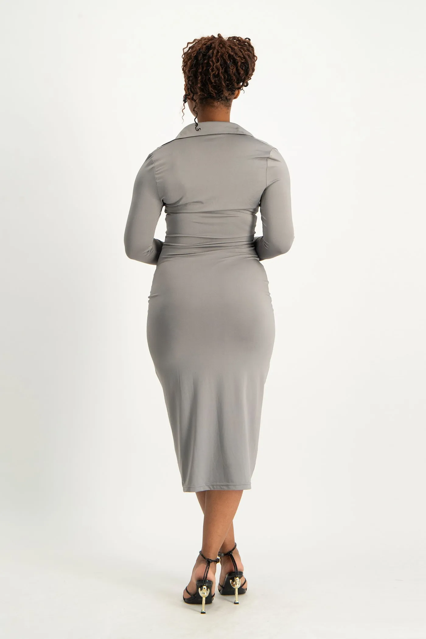 Alice Long Sleeve Ruched Dress - Grey