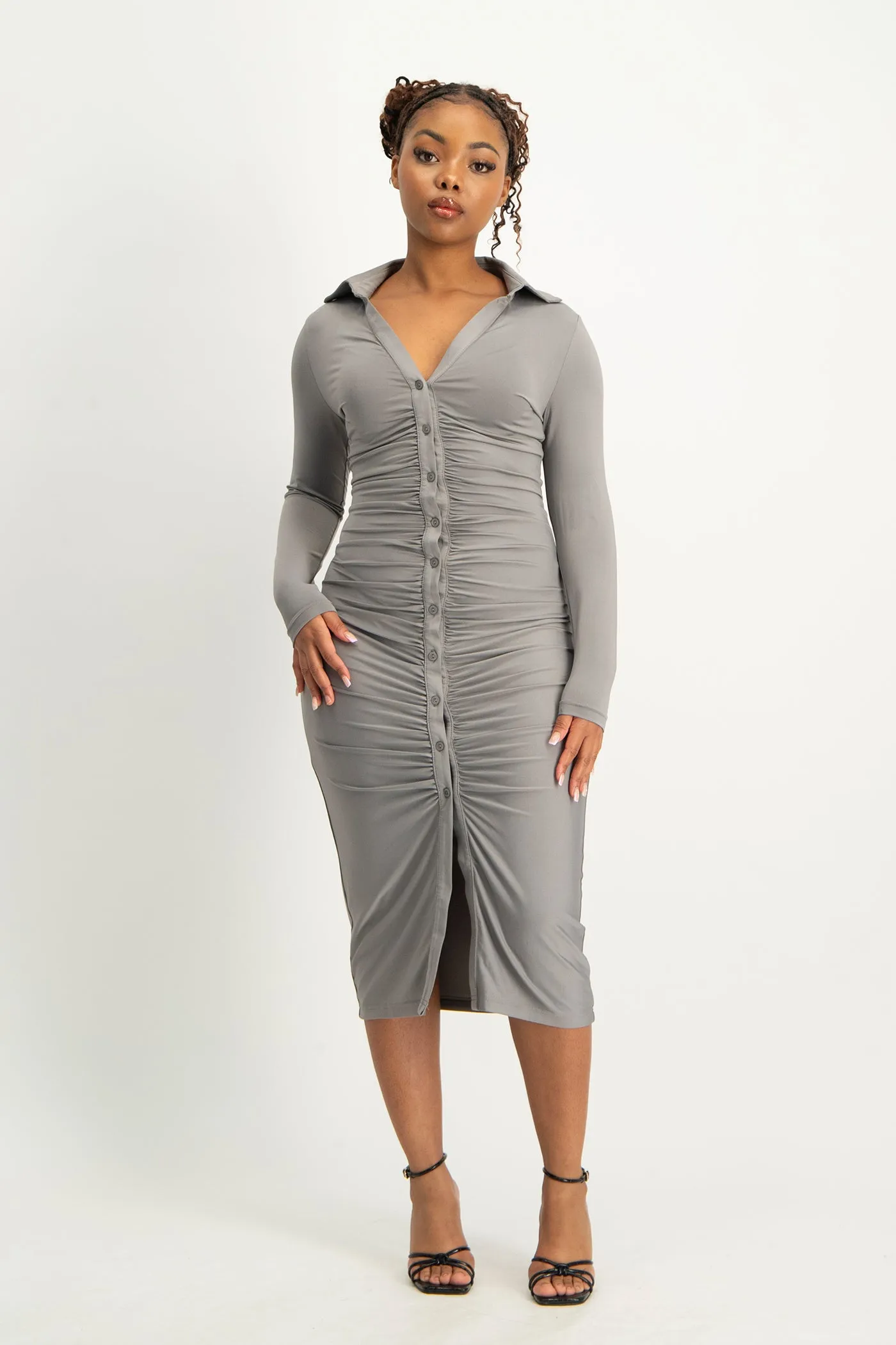 Alice Long Sleeve Ruched Dress - Grey