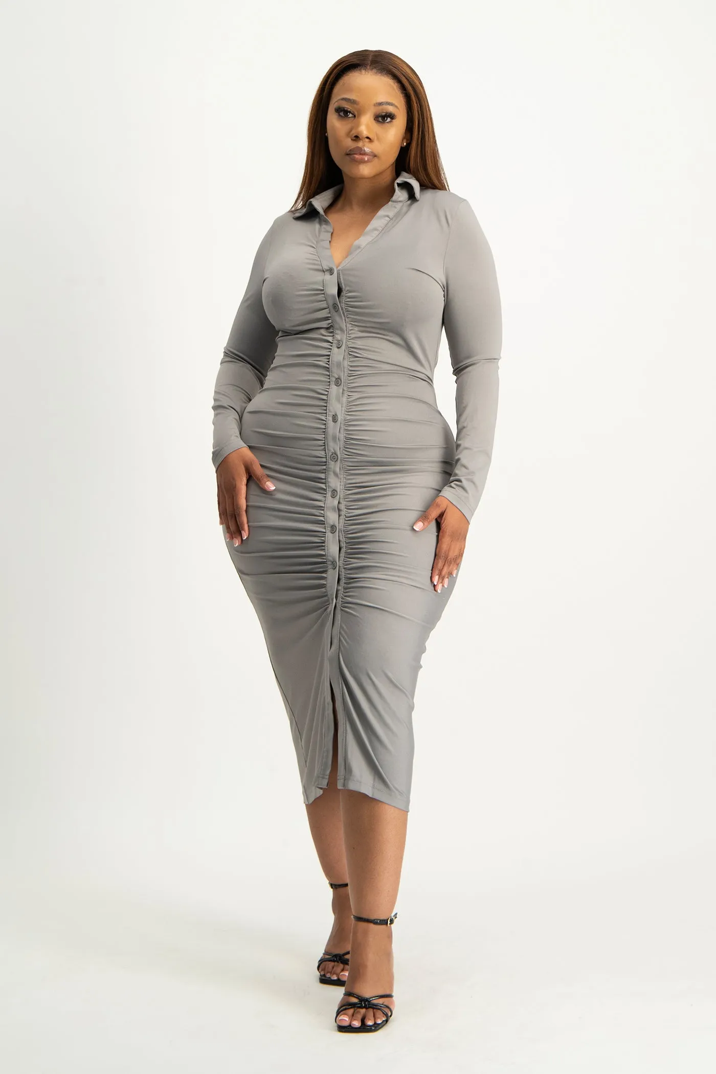 Alice Long Sleeve Ruched Dress - Grey