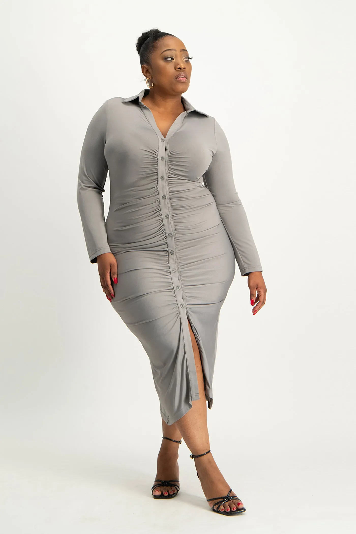 Alice Long Sleeve Ruched Dress - Grey