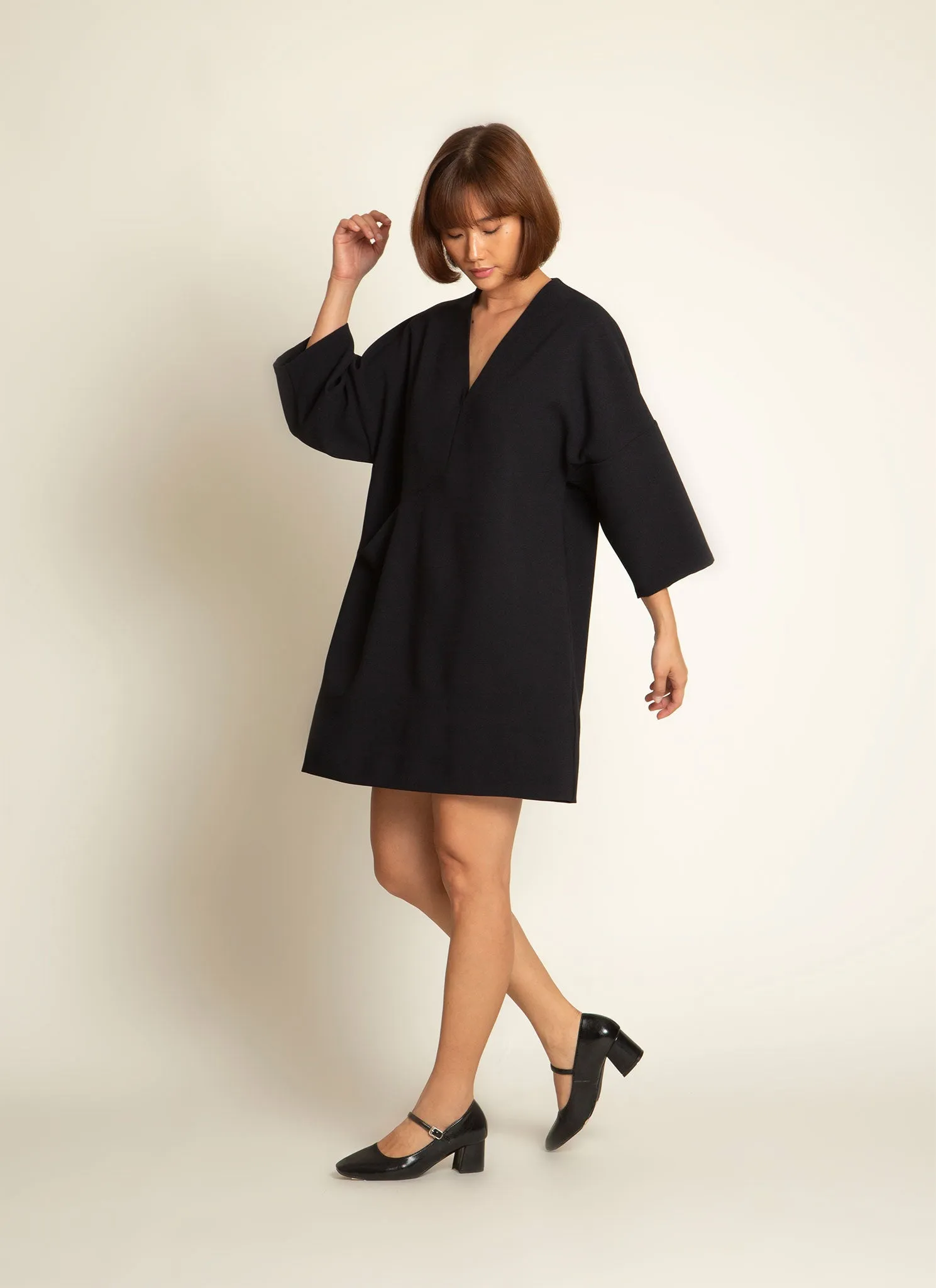 Alluvial 3/4 Sleeve V Neck Mini Pocket Dress in Black Blue