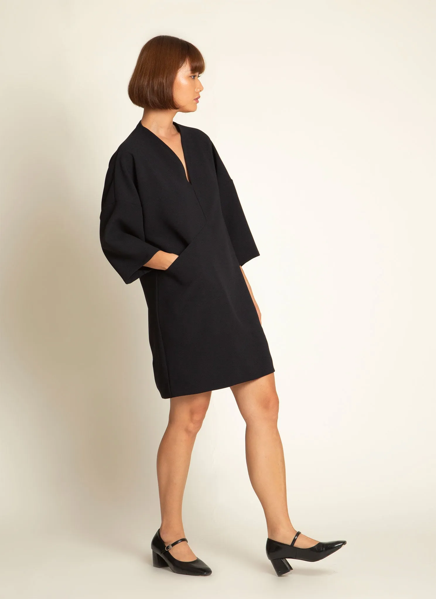 Alluvial 3/4 Sleeve V Neck Mini Pocket Dress in Black Blue