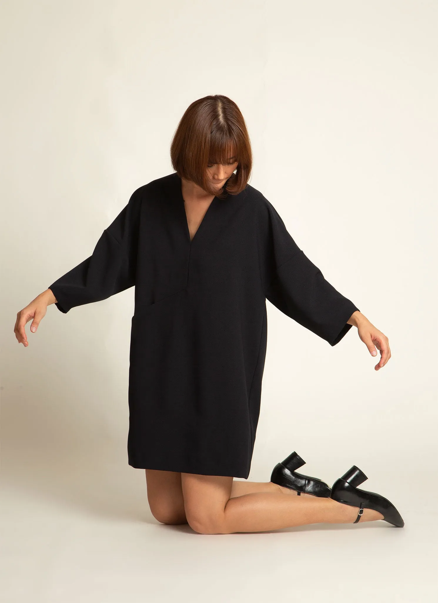 Alluvial 3/4 Sleeve V Neck Mini Pocket Dress in Black Blue