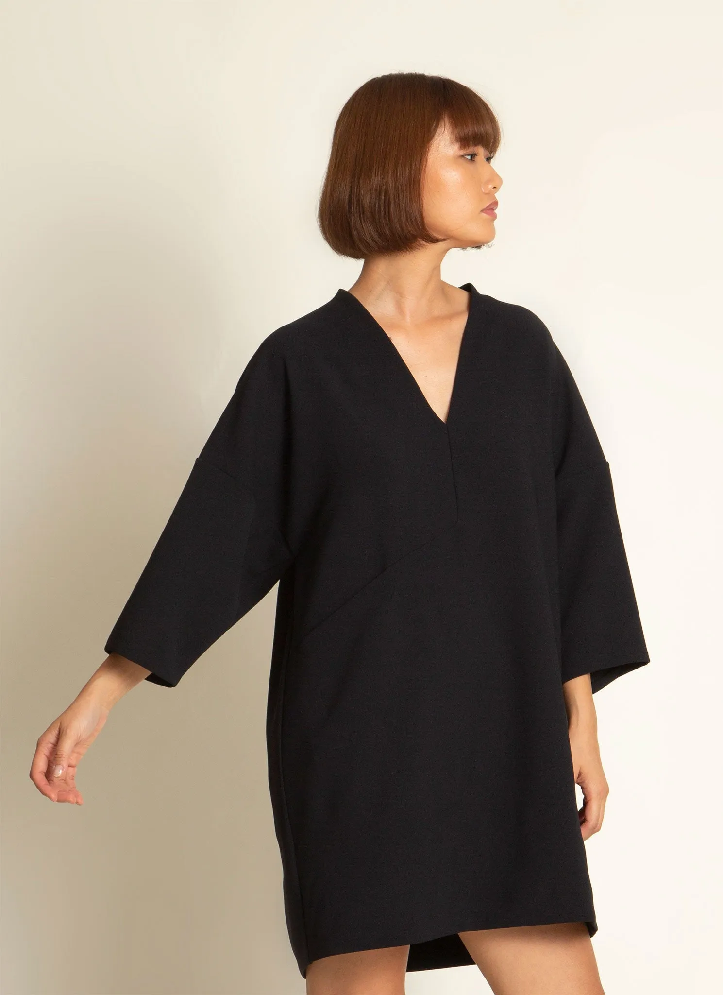 Alluvial 3/4 Sleeve V Neck Mini Pocket Dress in Black Blue