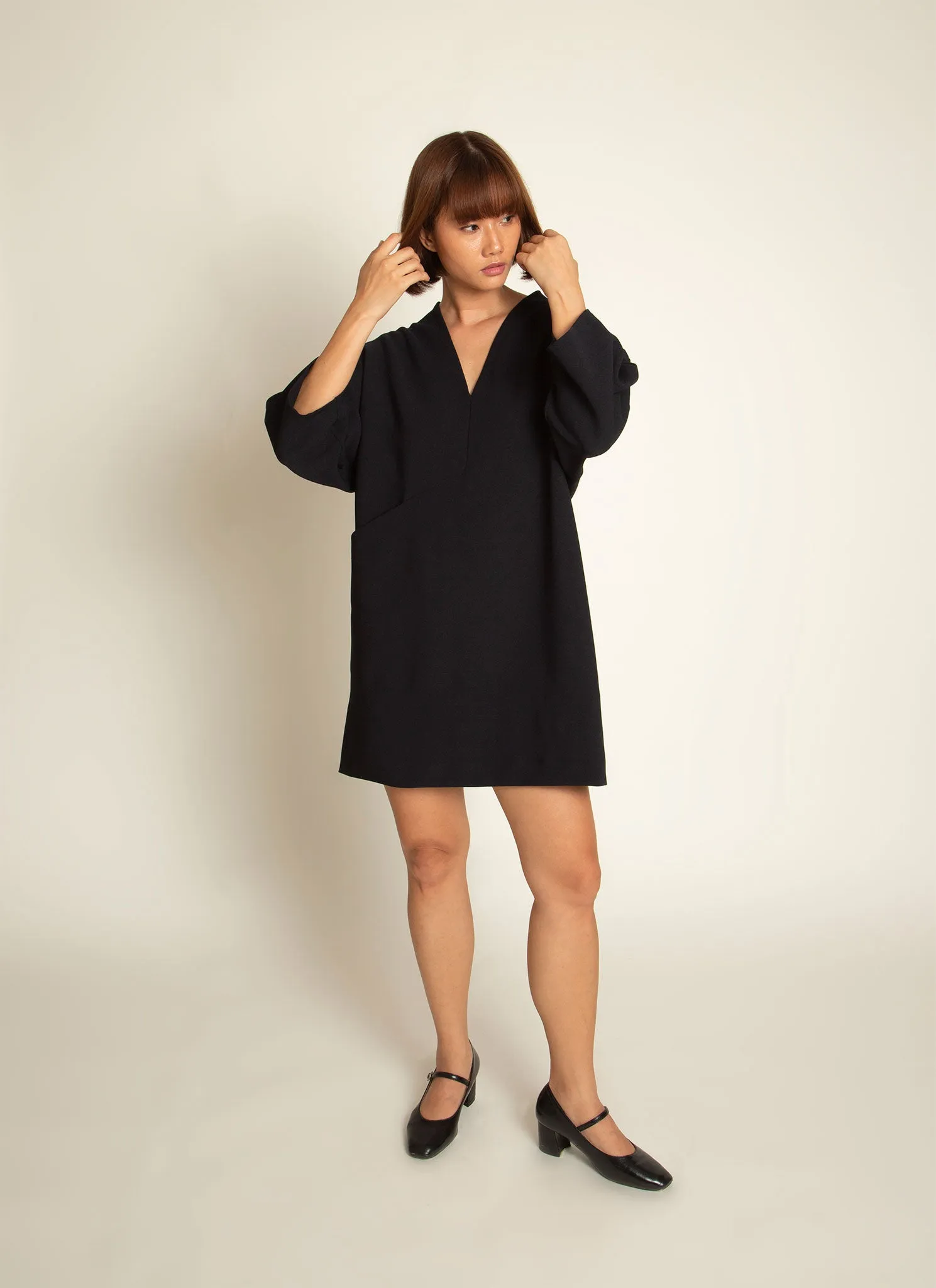 Alluvial 3/4 Sleeve V Neck Mini Pocket Dress in Black Blue