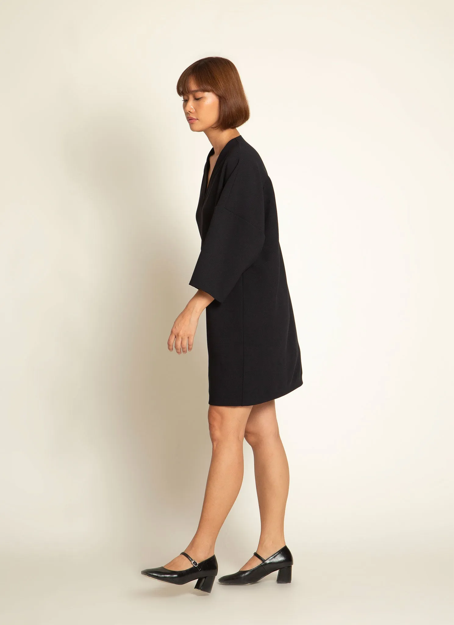 Alluvial 3/4 Sleeve V Neck Mini Pocket Dress in Black Blue