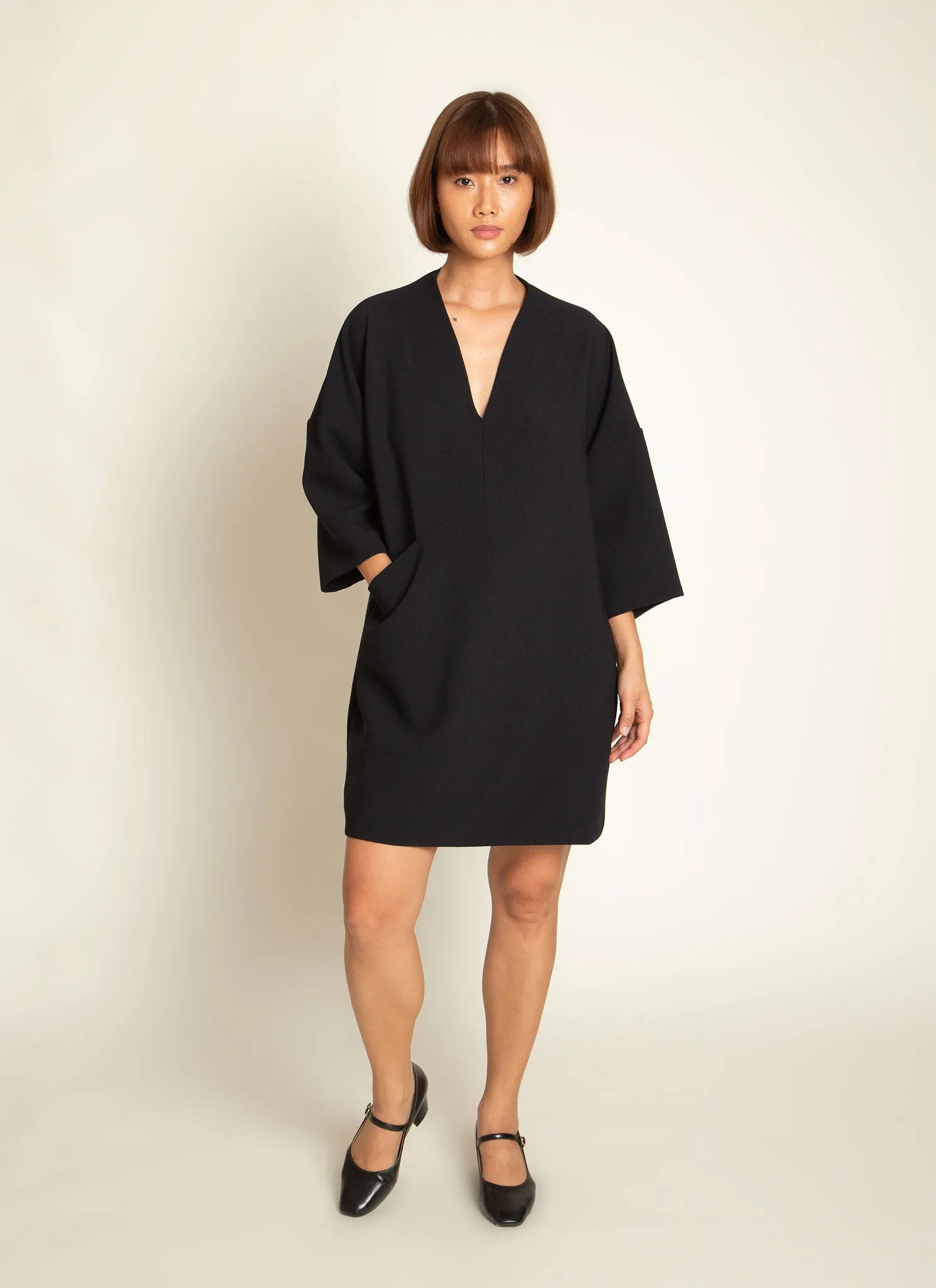 Alluvial 3/4 Sleeve V Neck Mini Pocket Dress in Black Blue