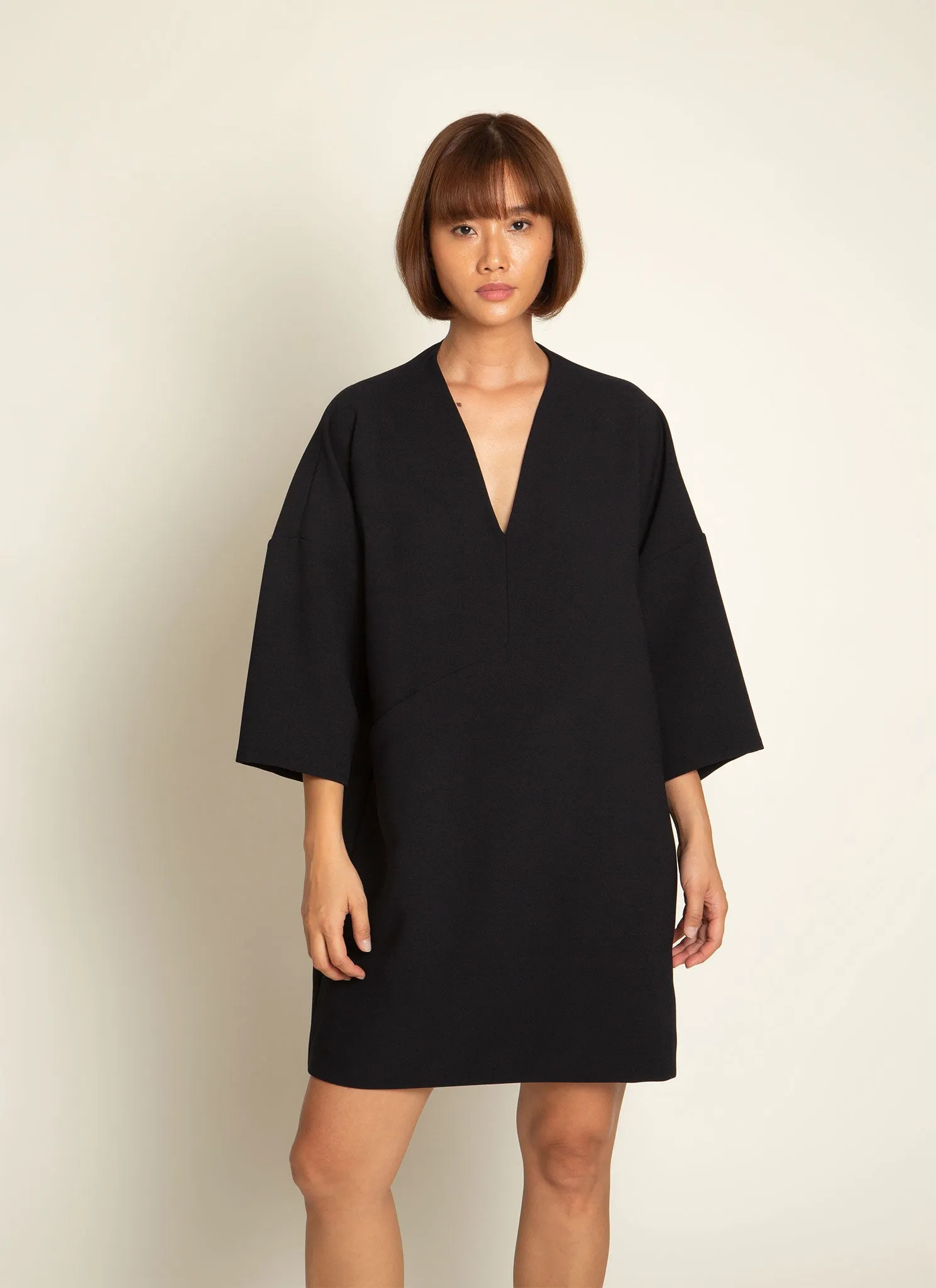 Alluvial 3/4 Sleeve V Neck Mini Pocket Dress in Black Blue