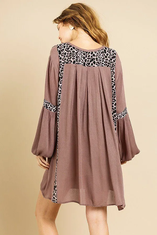 Animal Print Long Puff Sleeve Split Neck Babydoll Dress