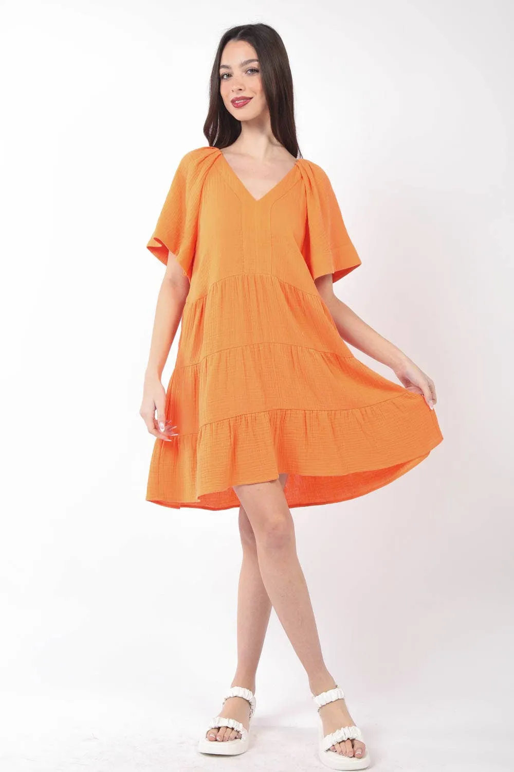 Apricot Solid Gauze Babydoll Tiered Flare Mini Dress