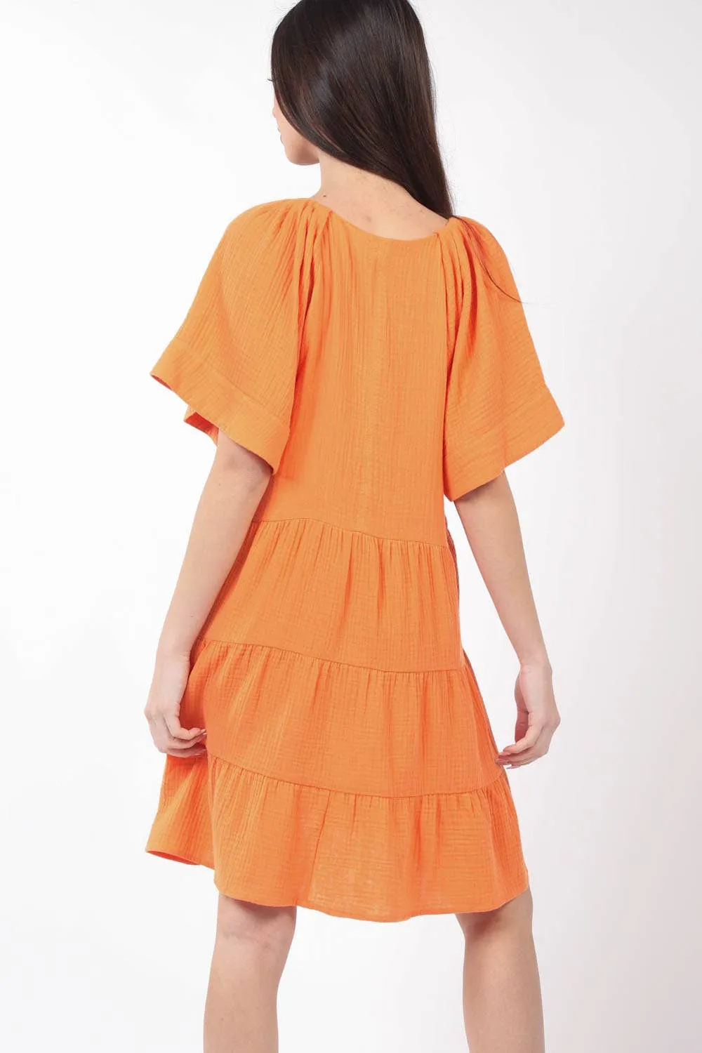 Apricot Solid Gauze Babydoll Tiered Flare Mini Dress