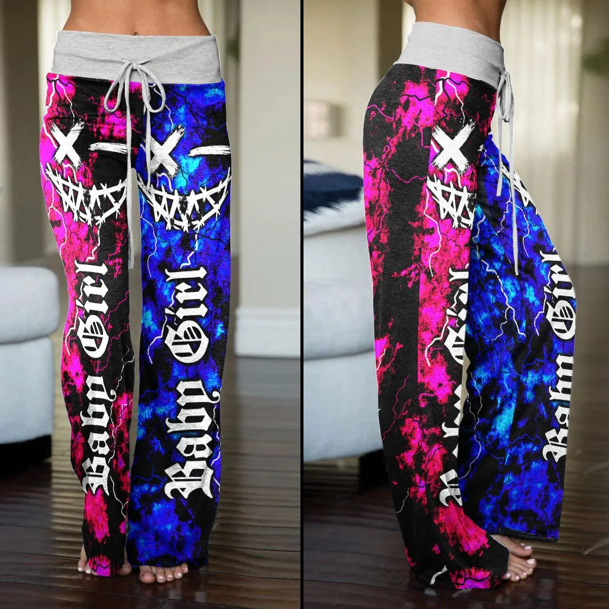 Baby Girl Face Smile Half Blue Pink High-waisted Wide Leg Pants