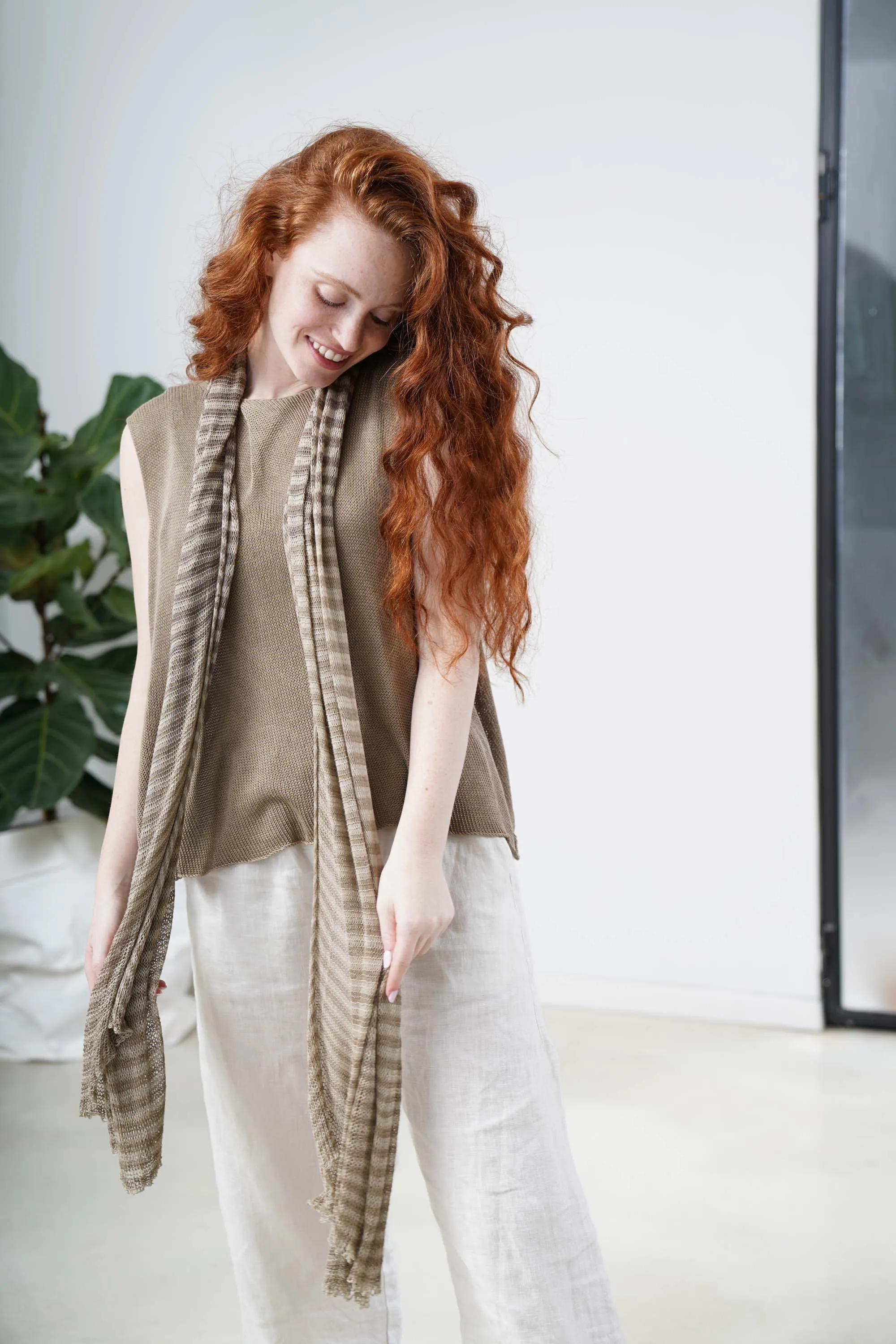 Bamboo Tremilor Stripes Scarf - Brown / Linen-Grey-White