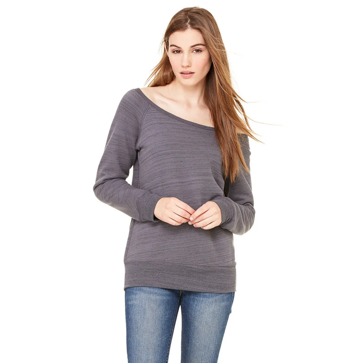 Bella   Canvas Women's Dark Grey Marble Fleece Wide Neck Sweatshirt