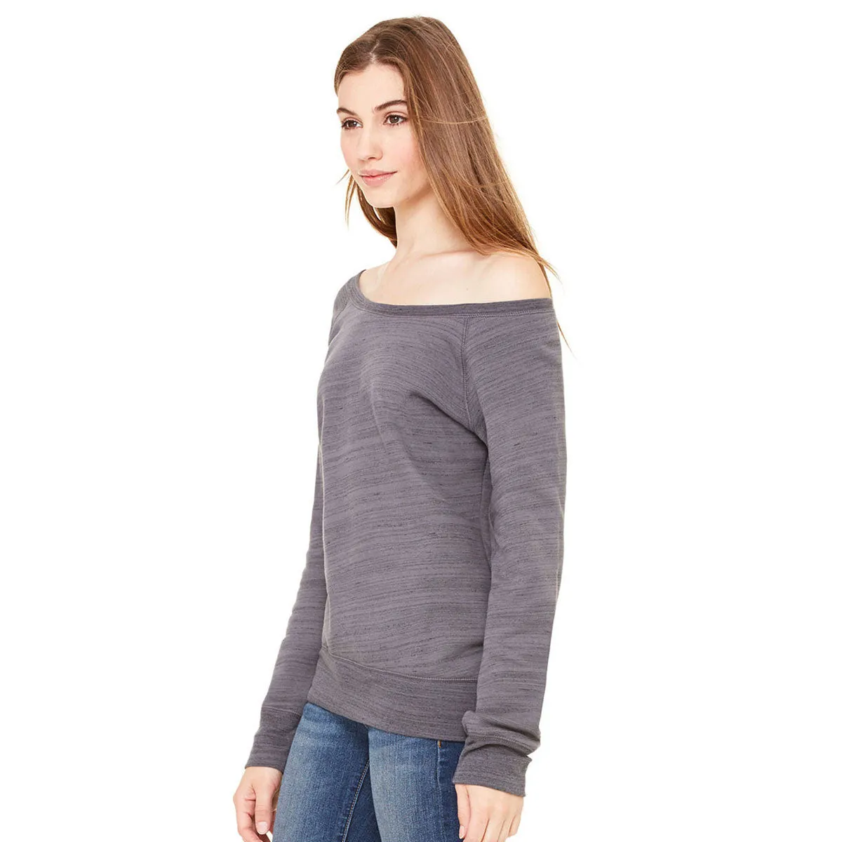 Bella   Canvas Women's Dark Grey Marble Fleece Wide Neck Sweatshirt