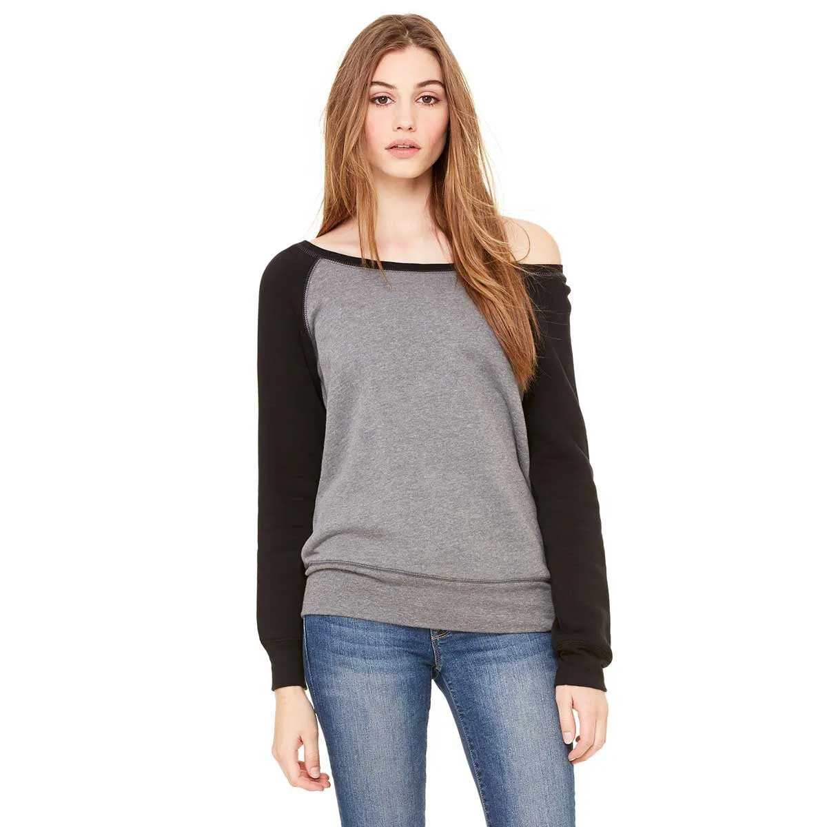 Bella   Canvas Women's Deep Heather/Black Wide Neck Sweatshirt