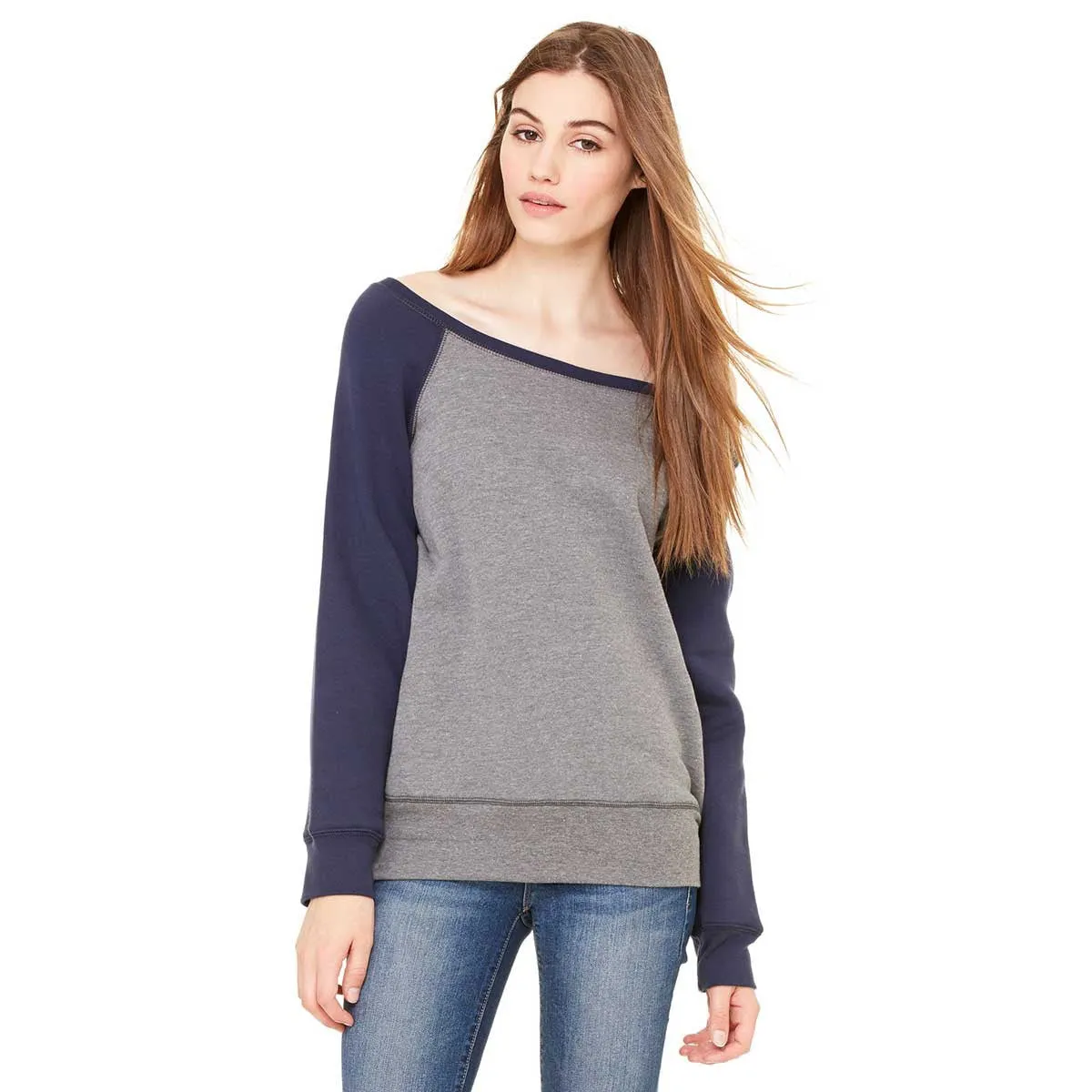 Bella   Canvas Women's Deep Heather/Navy Wide Neck Sweatshirt