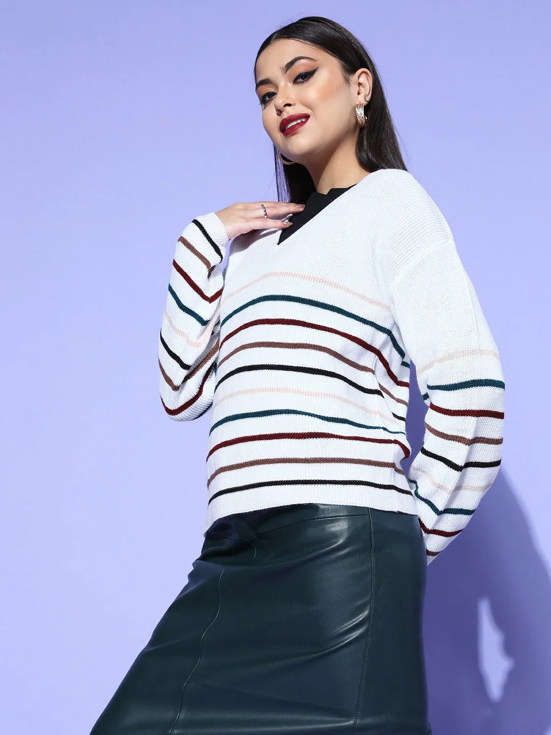 Berrylush Women White & Multicolour Striped Pattern V-Neck Acrylic Straight Hem Regular Pullover