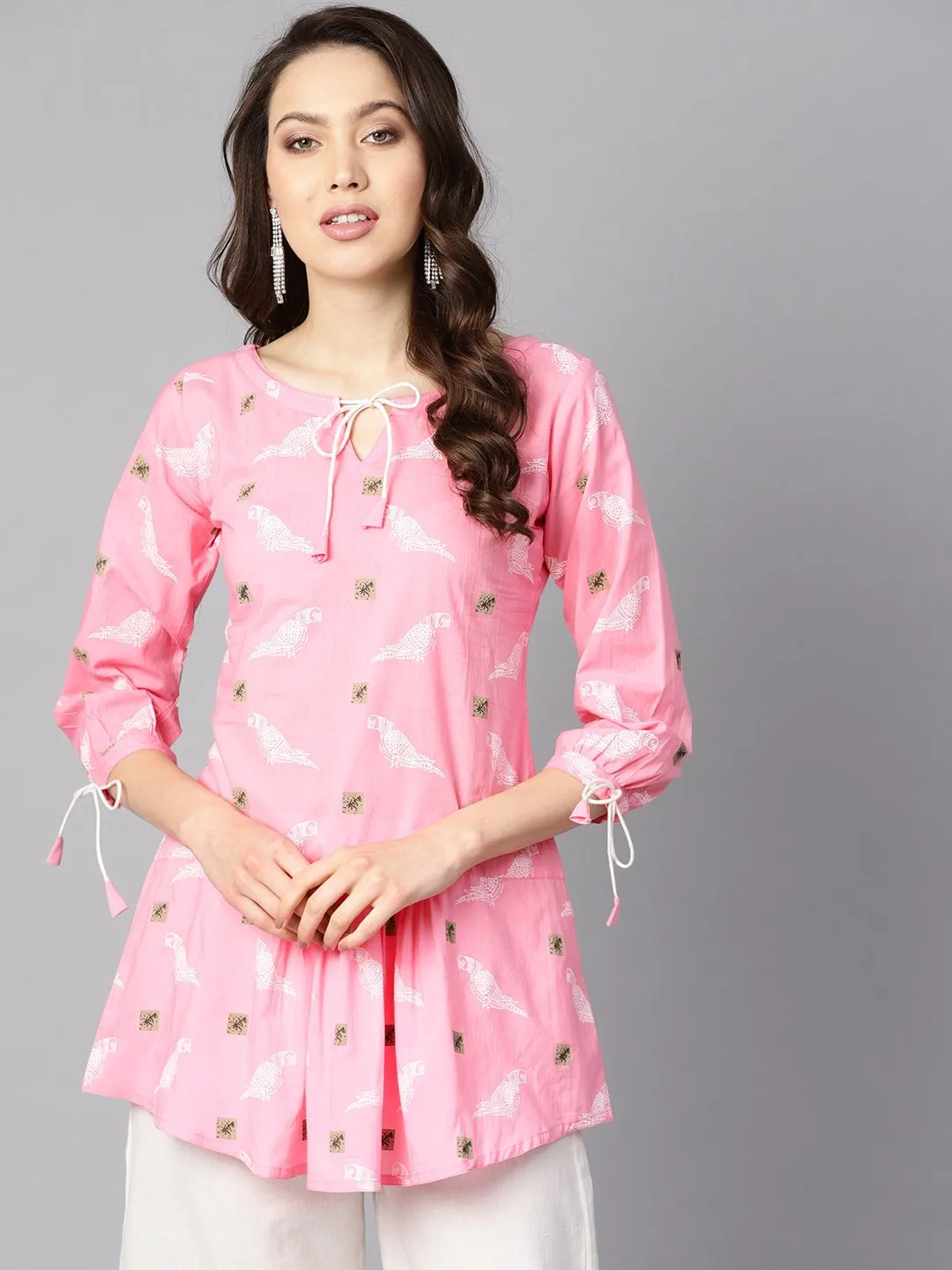 Bird Print white khadi light pink tunic with dori detailing