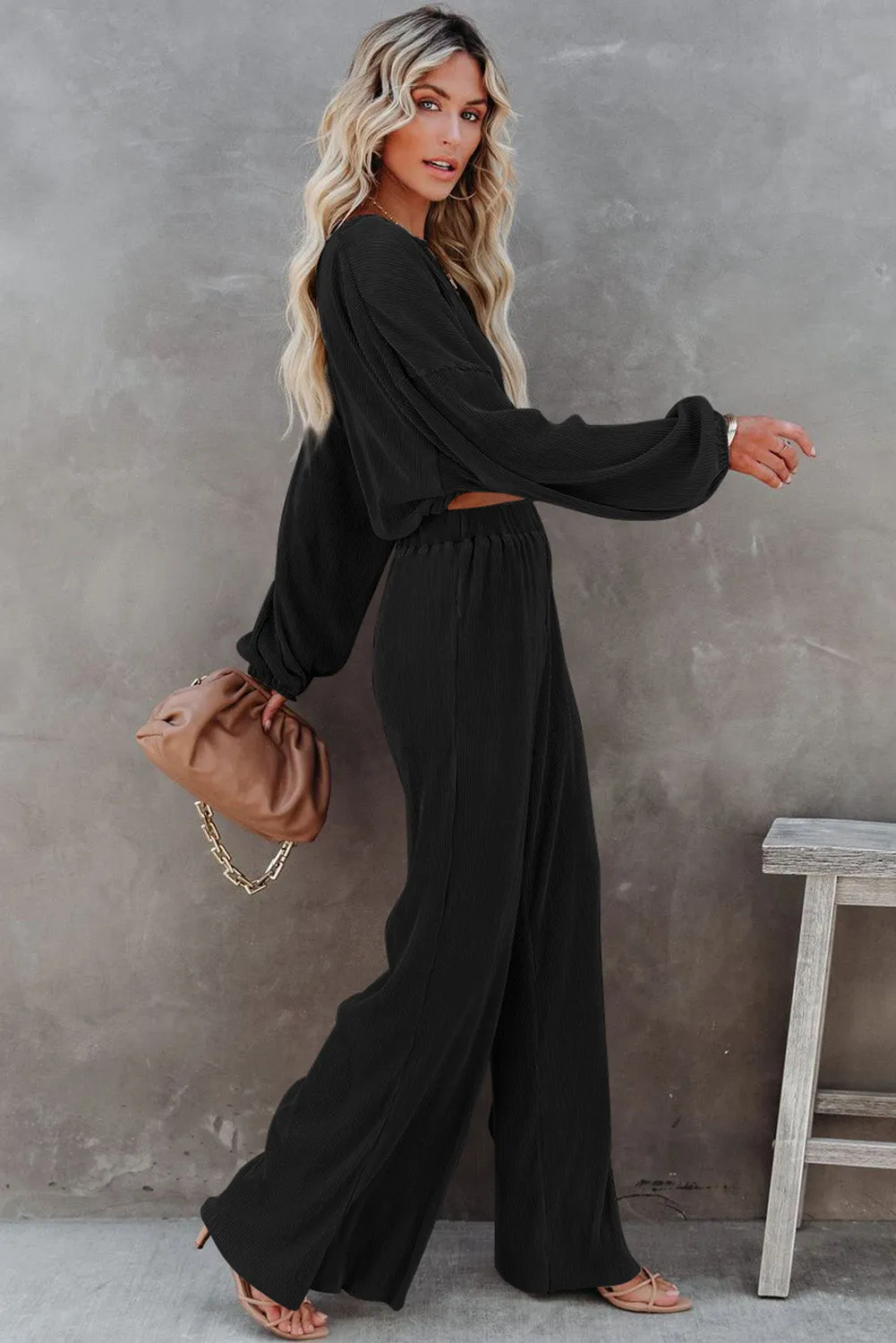 Black Corded Cropped Pullover and Wide Leg Pants Set