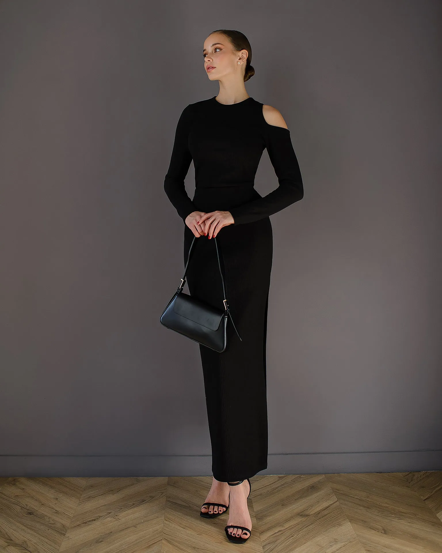 Black Cut-Out Long Sleeve Midi Dress