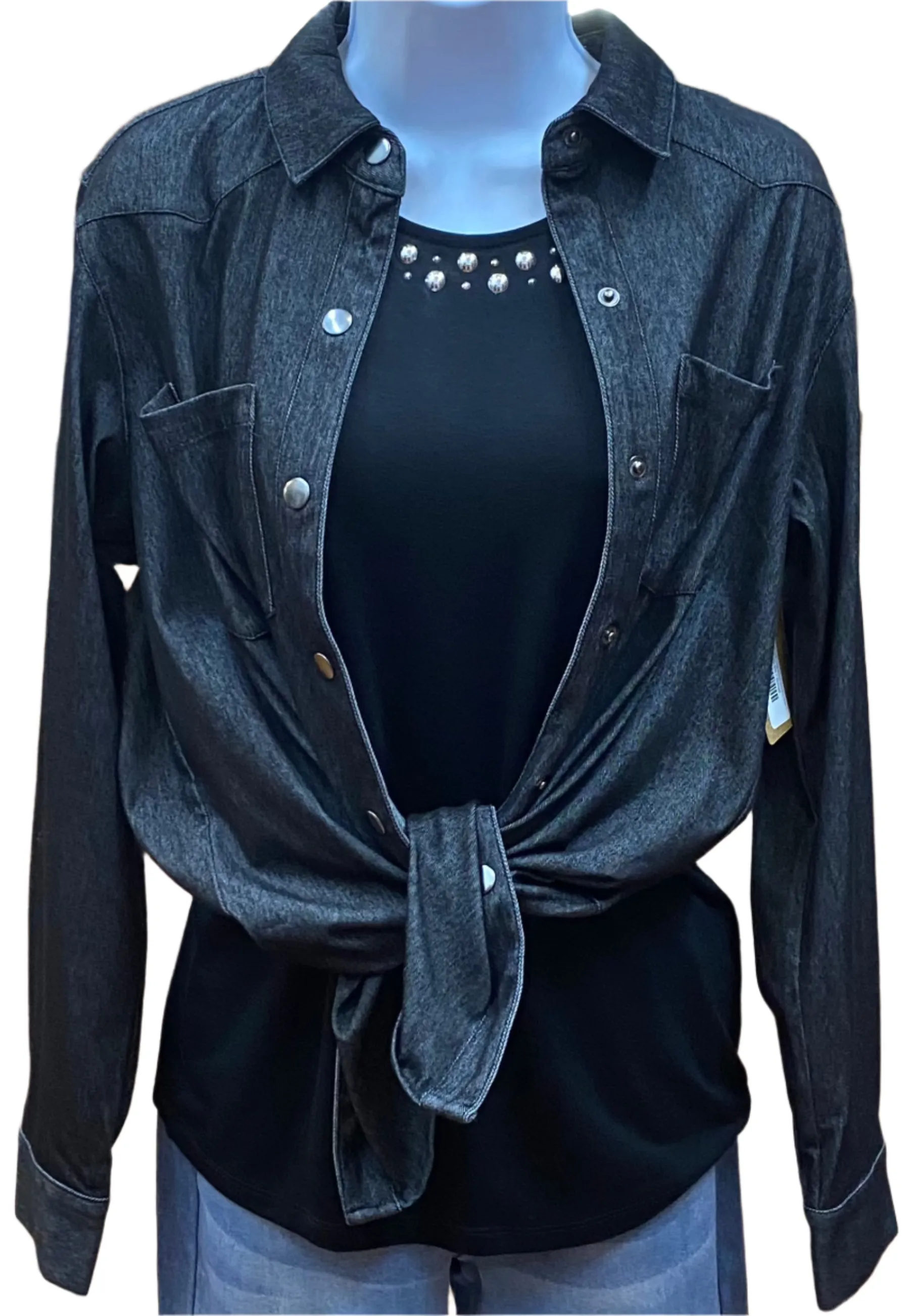 Black Denim Knit Long Sleeve Women's Snap Up Shirt