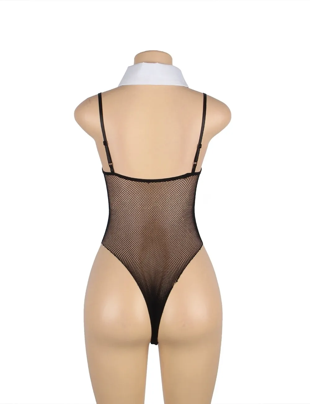 Black Detachable Tie and Sleeve Sexy Mesh Bodysuit