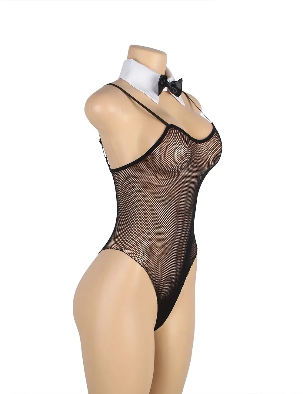 Black Detachable Tie and Sleeve Sexy Mesh Bodysuit