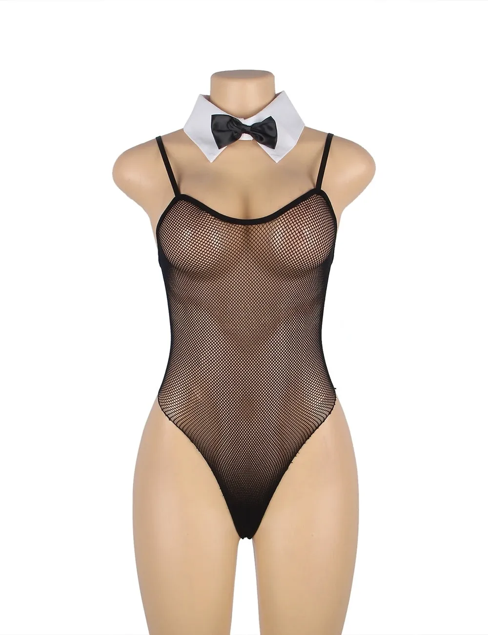 Black Detachable Tie and Sleeve Sexy Mesh Bodysuit