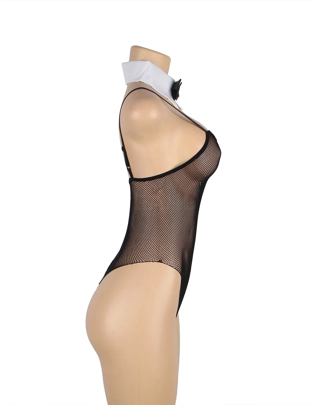 Black Detachable Tie and Sleeve Sexy Mesh Bodysuit