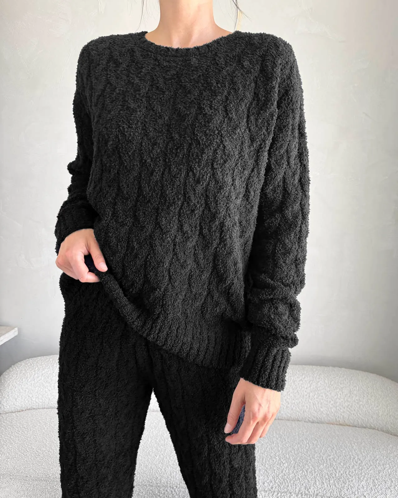 Black Fuzzy Cable Knit Sweater PJ Set