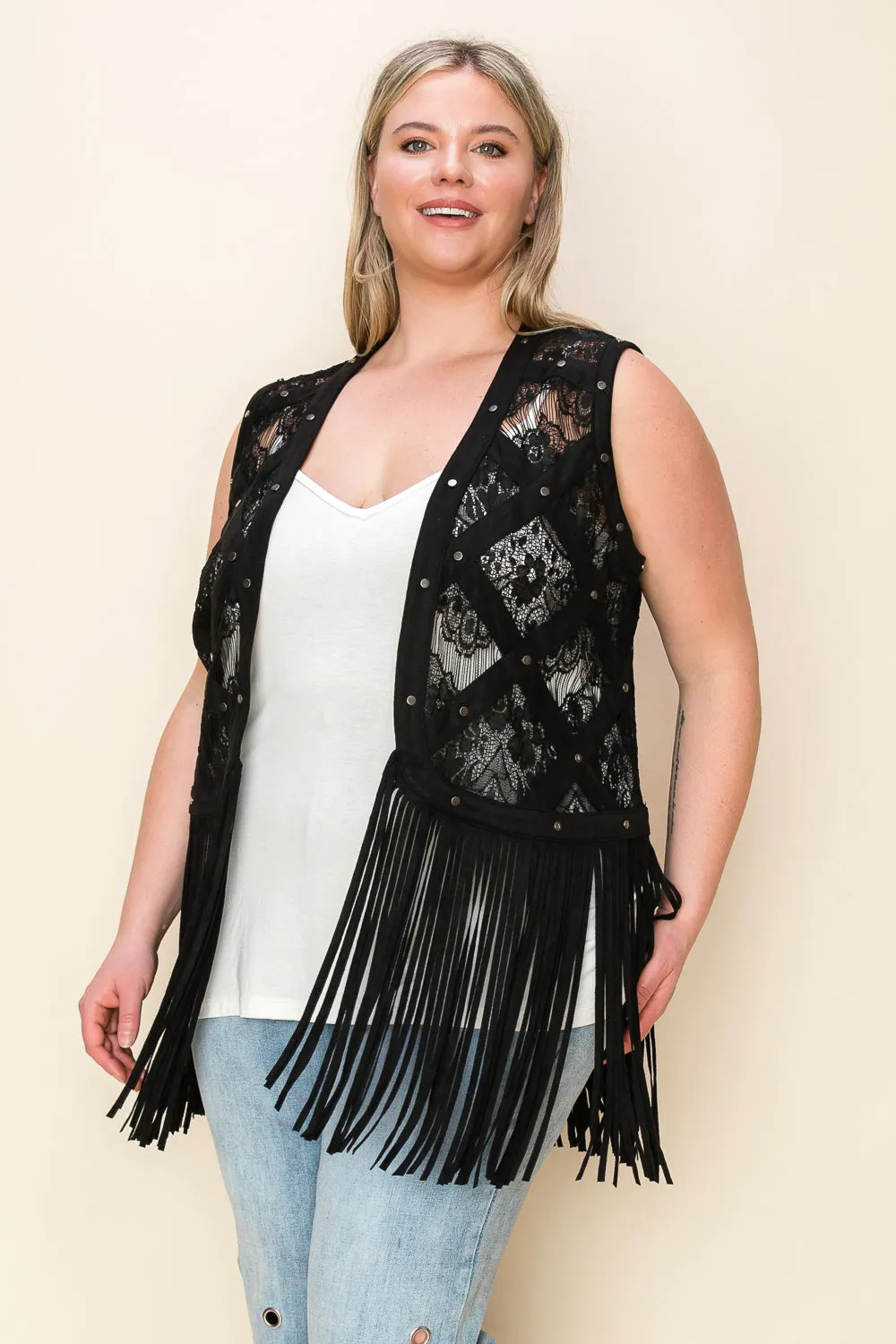 Black Lace & Studs Ultra Suede Vest w/ Fringe