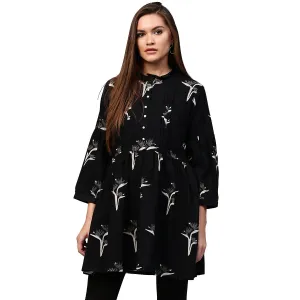 Black printed 3/4th Sleeve Cotton Flared tunic