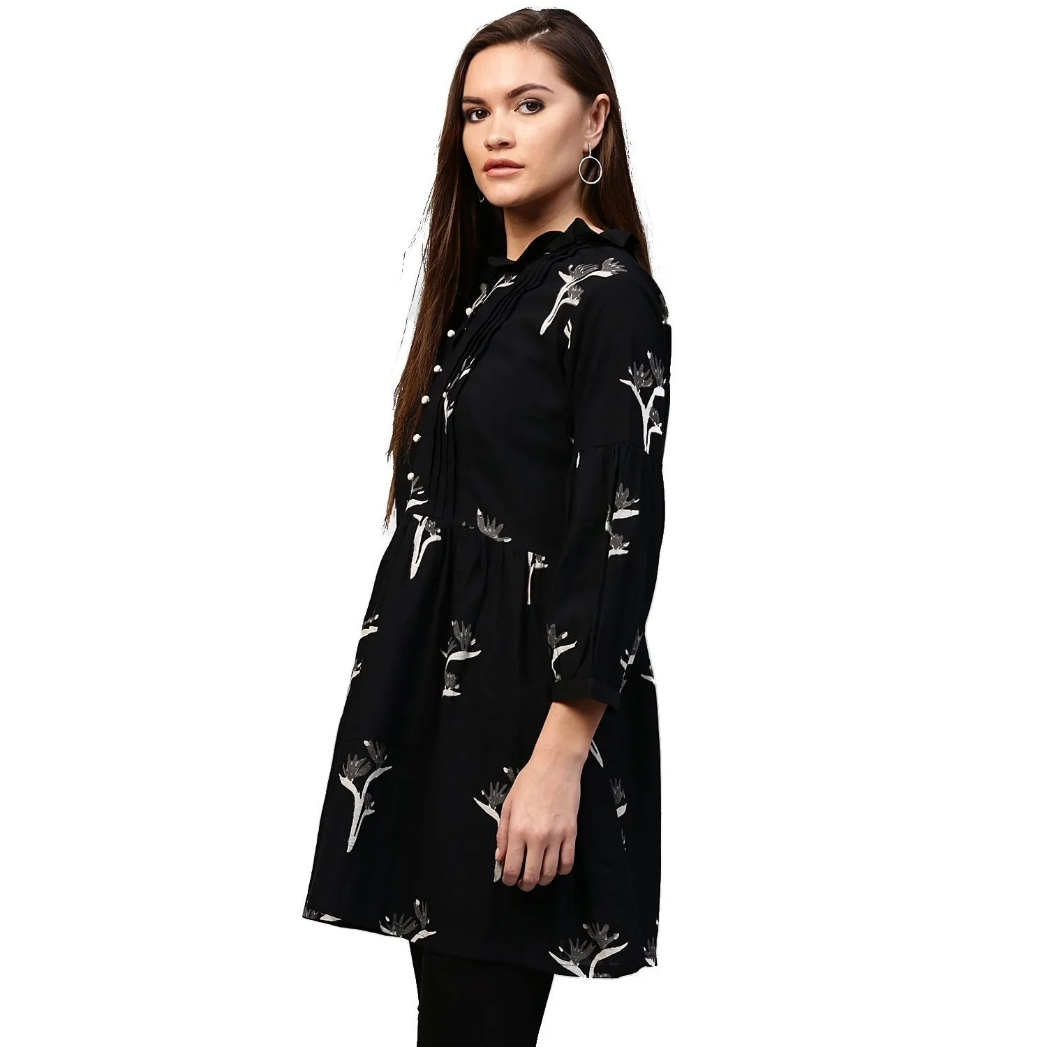 Black printed 3/4th Sleeve Cotton Flared tunic