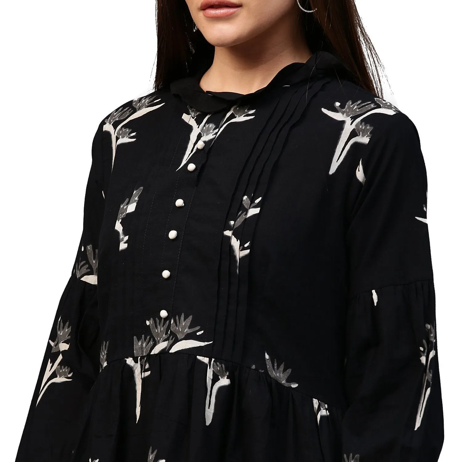 Black printed 3/4th Sleeve Cotton Flared tunic