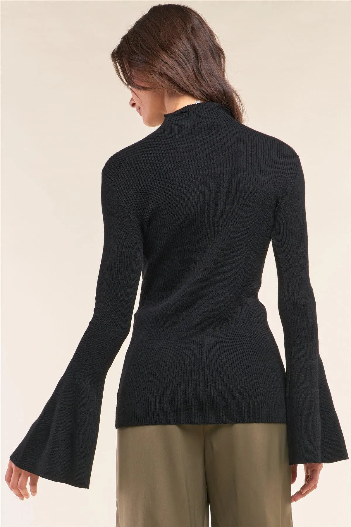 Black Ribbed Semi-Turtleneck Long Trumpet Sleeve Fitted Sweater /2-3