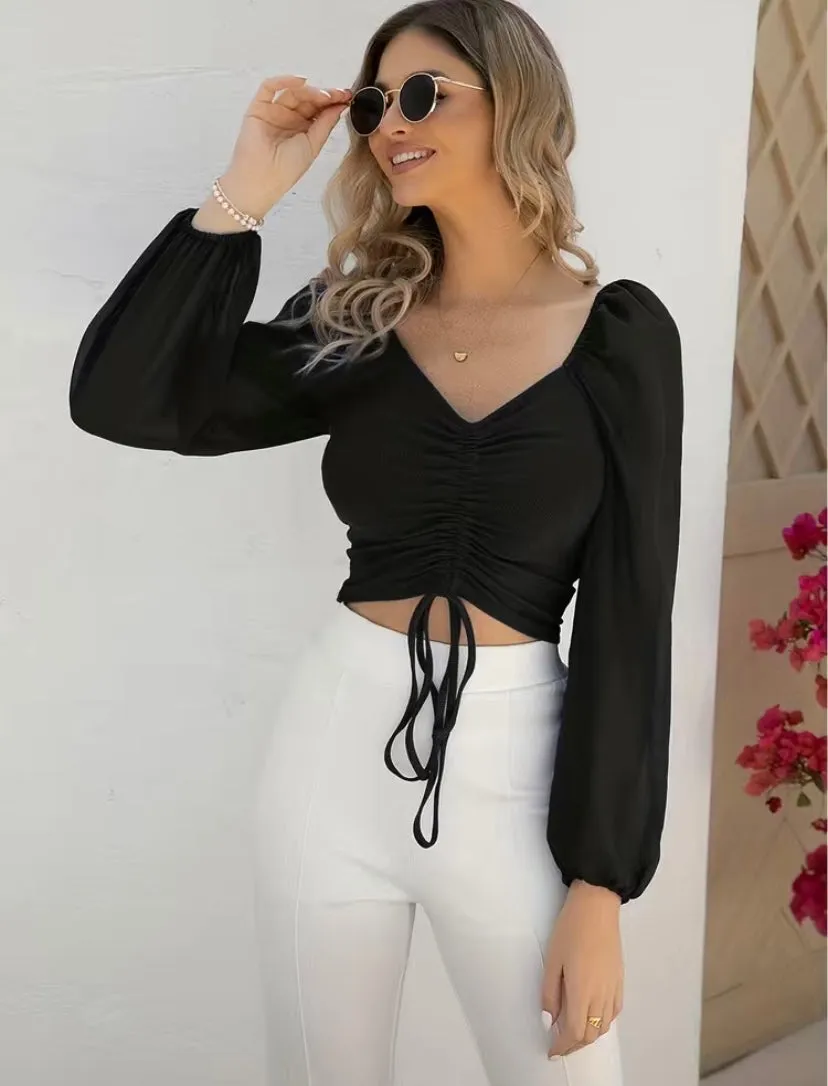 Black Sheer Balloon Sleeve Drawstring Crop Top