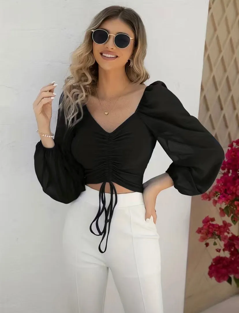 Black Sheer Balloon Sleeve Drawstring Crop Top