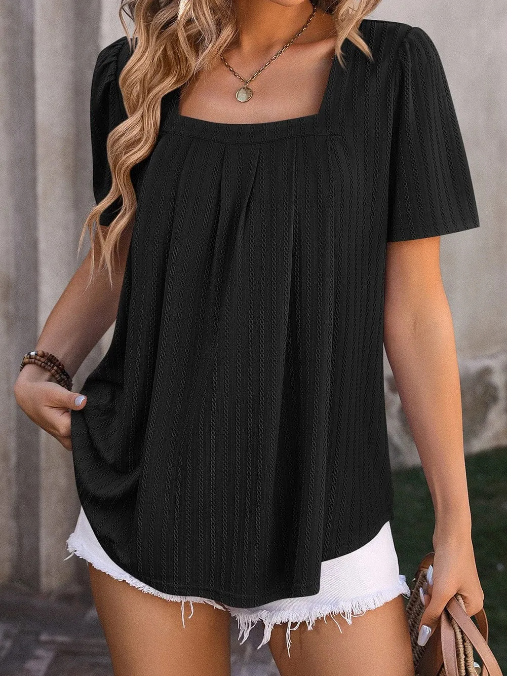 Black Textured Square Neck Babydoll Blouse with Short Sleeves